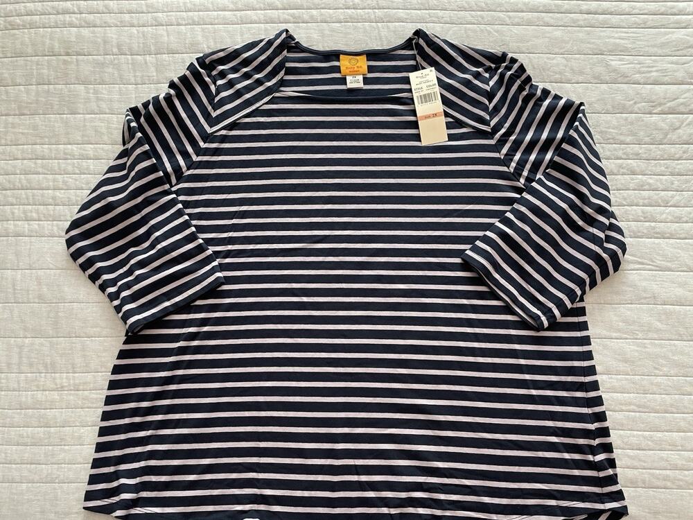 Ruby Rd Womens 2X Blue Lavender Striped 3/4 Sleeve Square Neck NWT F12
